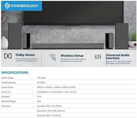 Powerology 5.2.4CH Home Theater Soundbar With Dolby Atmos Wireless Subwoofer